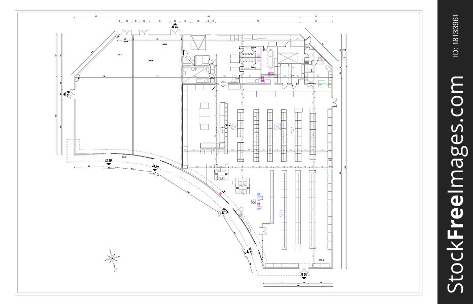 This image represents a blueprint of a commercial building made in CAD