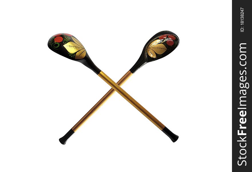 Two wooden spoons with color varnished pattern