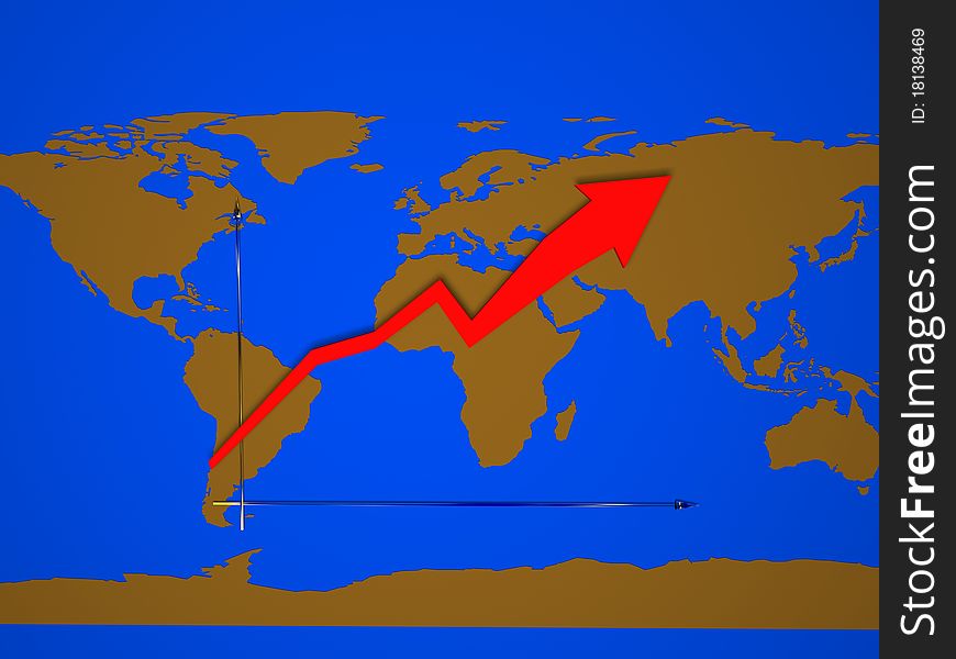 Red arrow on a map of the world. Red arrow on a map of the world