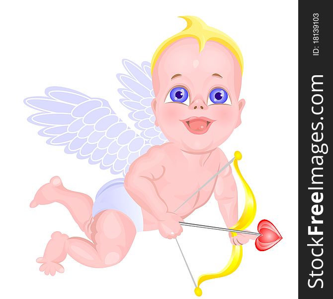 Mischievous little Cupid flying with a bow in his hands. Mischievous little Cupid flying with a bow in his hands