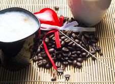 Two Coffee Cups, Heart And Coffee Beans Royalty Free Stock Photography Two Coffee Cups, Heart And Coffee Beans Royalty Free Stock Photography