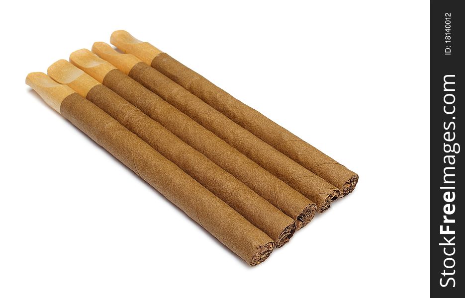 Cigar with a wooden mouthpiece it is isolated on a white background
