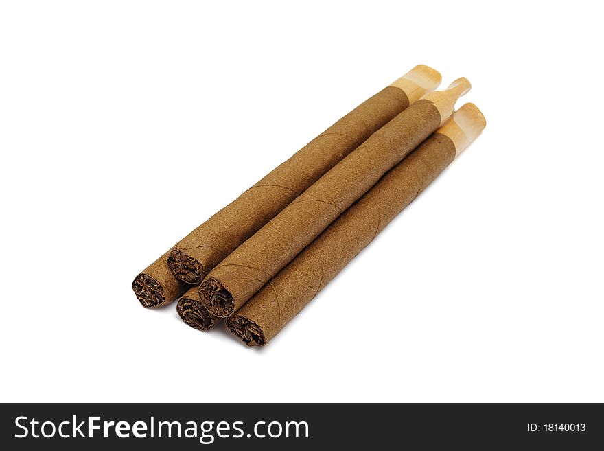 Cigar with a wooden mouthpiece it is isolated on a white background