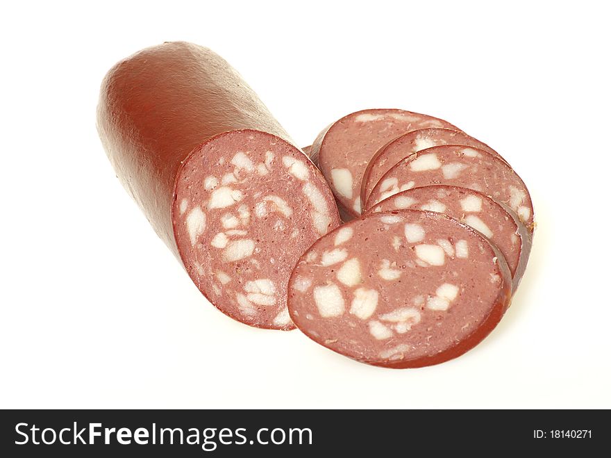 Sausage cut by slices on a white background