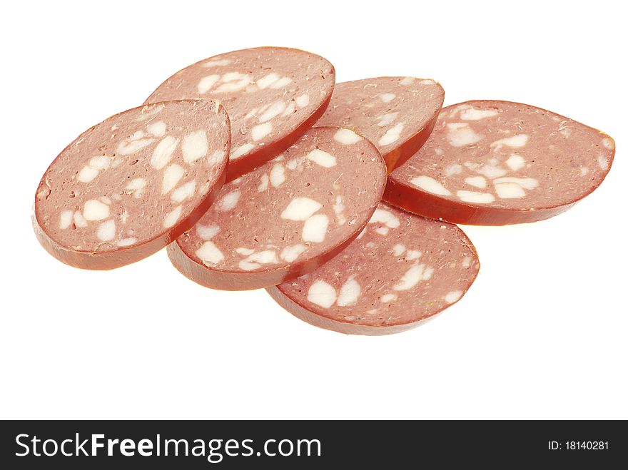 Sausage cut by slices on a white background