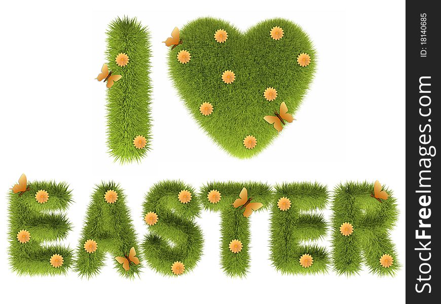 I love easter, grass texture over white background. I love easter, grass texture over white background