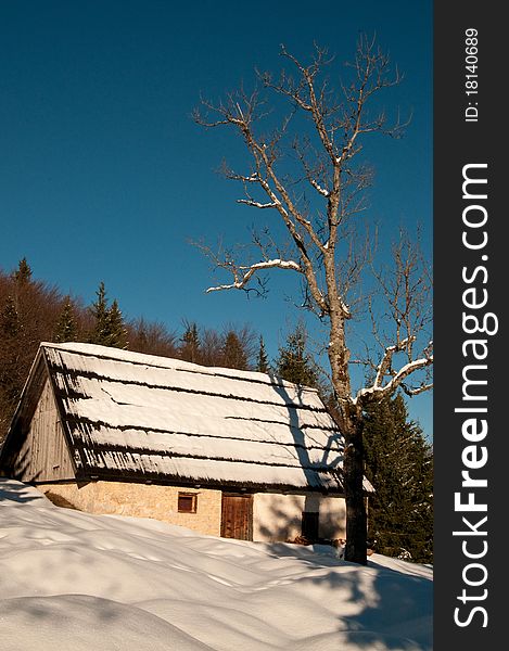 Mountain hut in winter