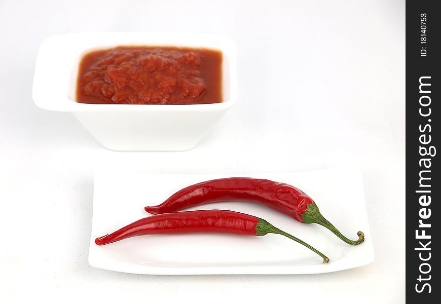 Red chili peppers and chili sauce