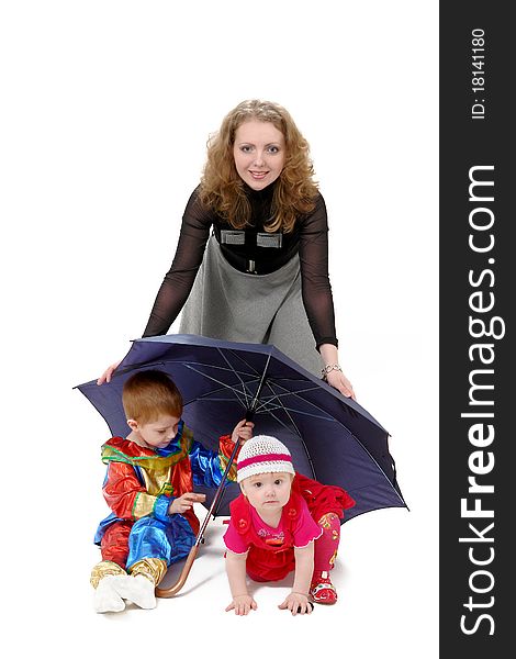 Mom covers her children umbrella on a white background. Mom covers her children umbrella on a white background