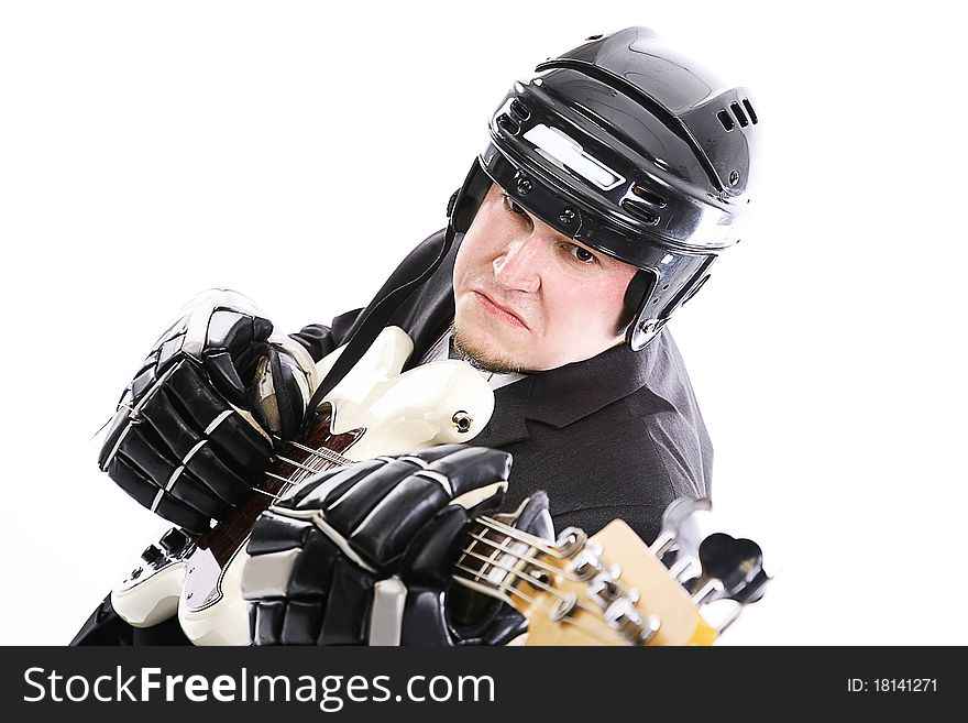 Guitarist with white guitar make ugly face