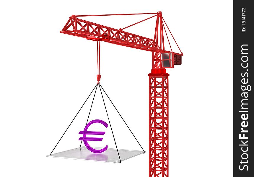 Euro symbol rise up by red crane. 3d render. Euro symbol rise up by red crane. 3d render.