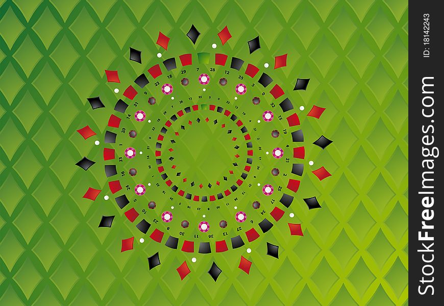 Green background with casino figures in a simetric circle. Green background with casino figures in a simetric circle