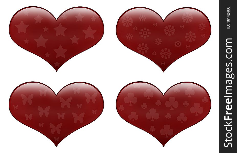 Red hearts isolated on white with pattern.