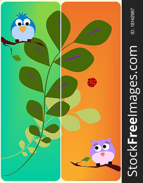 Two birds and a ladybug on two cards. Two birds and a ladybug on two cards