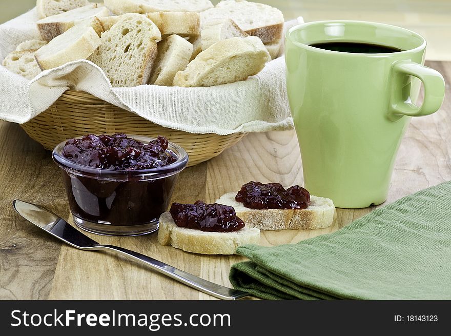 Fresh baked bread with jam and coffee. Fresh baked bread with jam and coffee