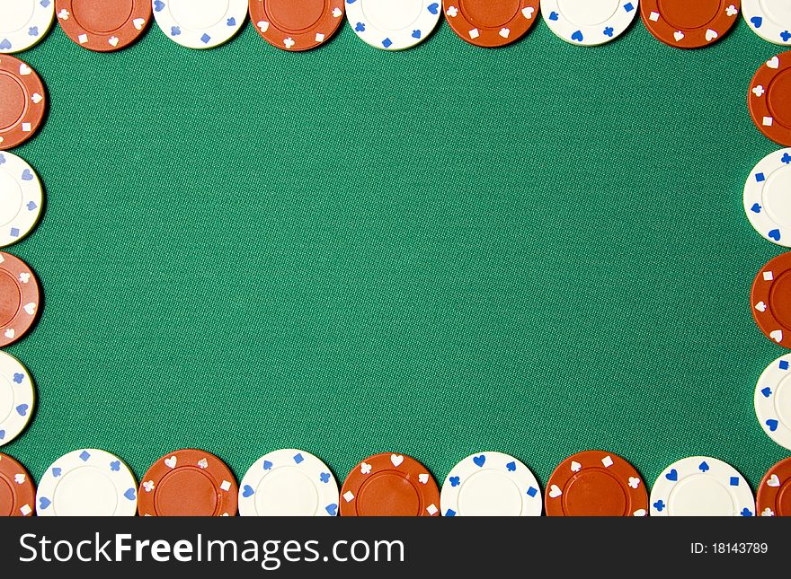 Green poker background with gambling chips all around