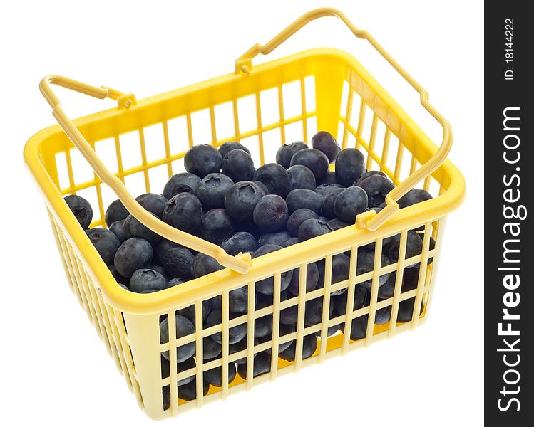 Yellow Shopping Basked Full of Blueberries Isolated on White with a Clipping Path.