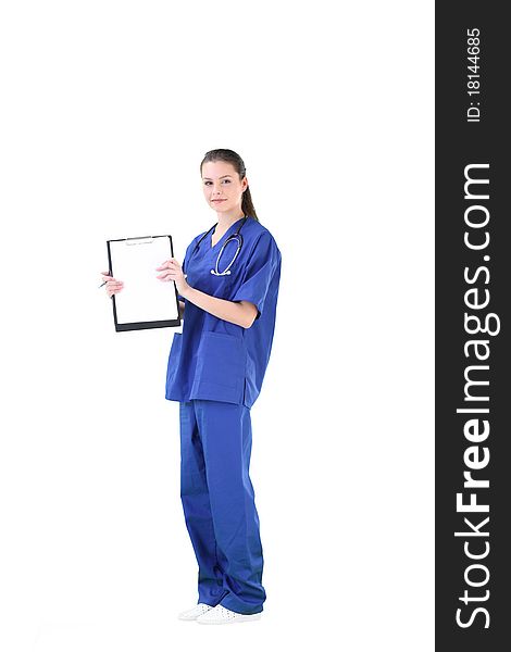 Woman doctor in uniform on white background