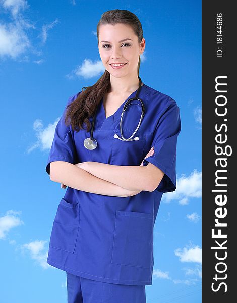 Woman doctor in uniform on white background