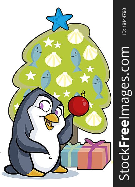 A cute little penguin decorating a tree in a penguin fashion. A cute little penguin decorating a tree in a penguin fashion