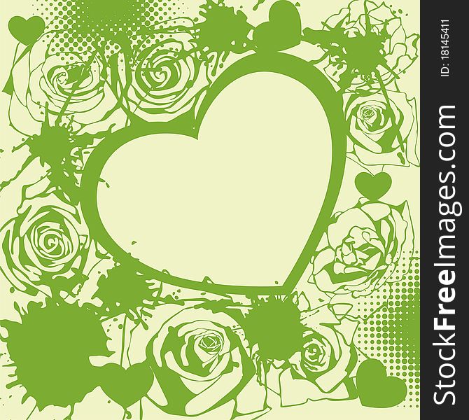 Postcard with flowers and heart on green background. Vector illustration. Postcard with flowers and heart on green background. Vector illustration