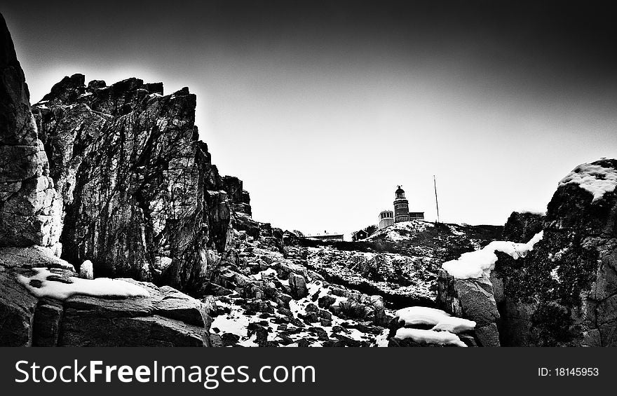Lighthouse on cold swedish coast.