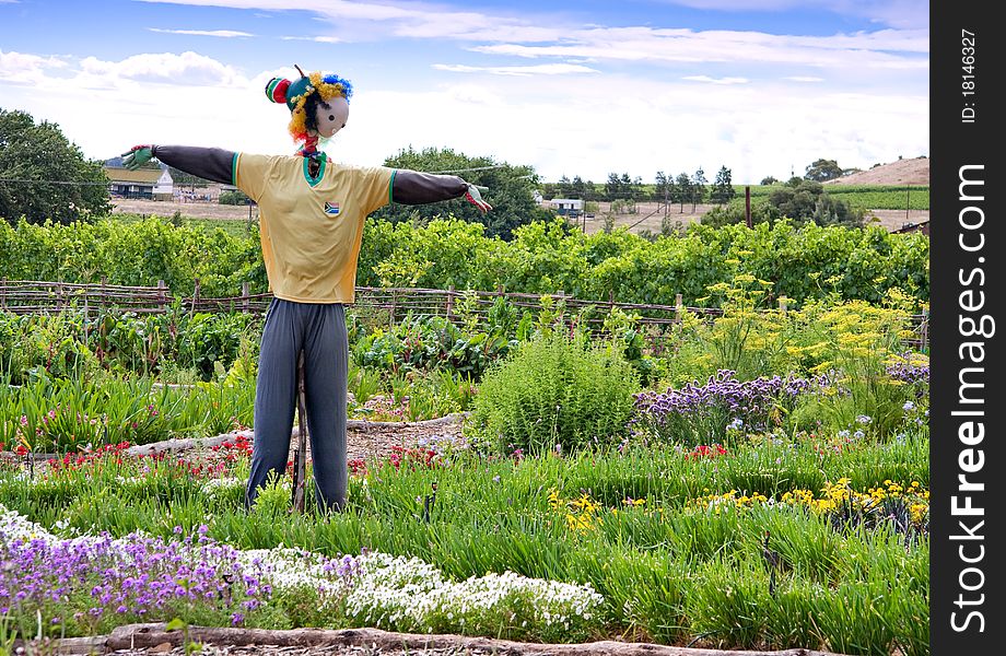 Scarecrow in garden patch of flowers