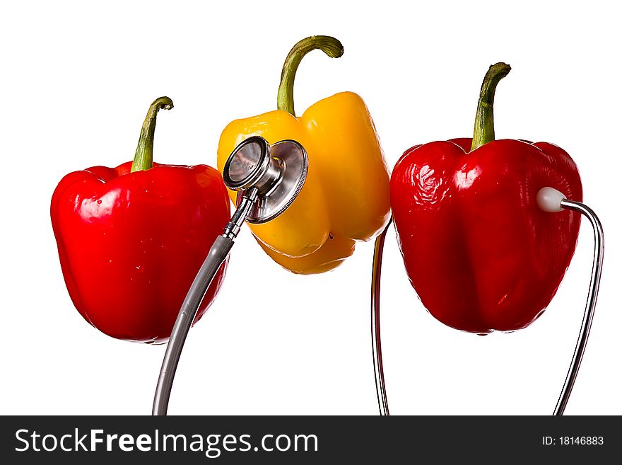 Bell Peppers on White Background with Stethoscope. Bell Peppers on White Background with Stethoscope