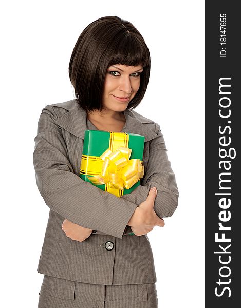 Woman holding a green box with yellow bow as a present. Woman holding a green box with yellow bow as a present