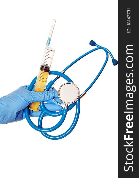 The doctor holding a blue stethoscope and yellow syringe in the hand