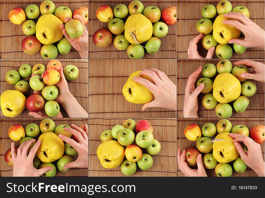 Background, panel hands with fruit