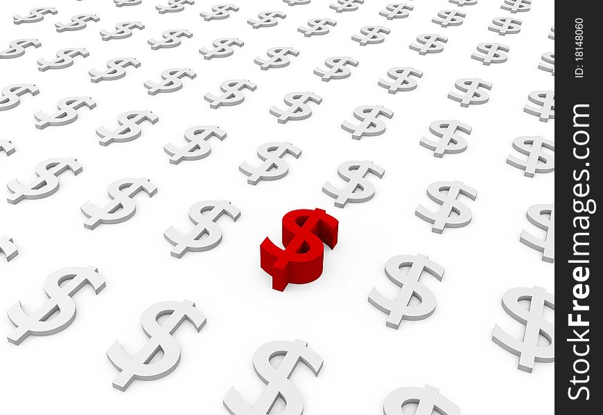 Dollar symbols on white Background one Dollar stands out