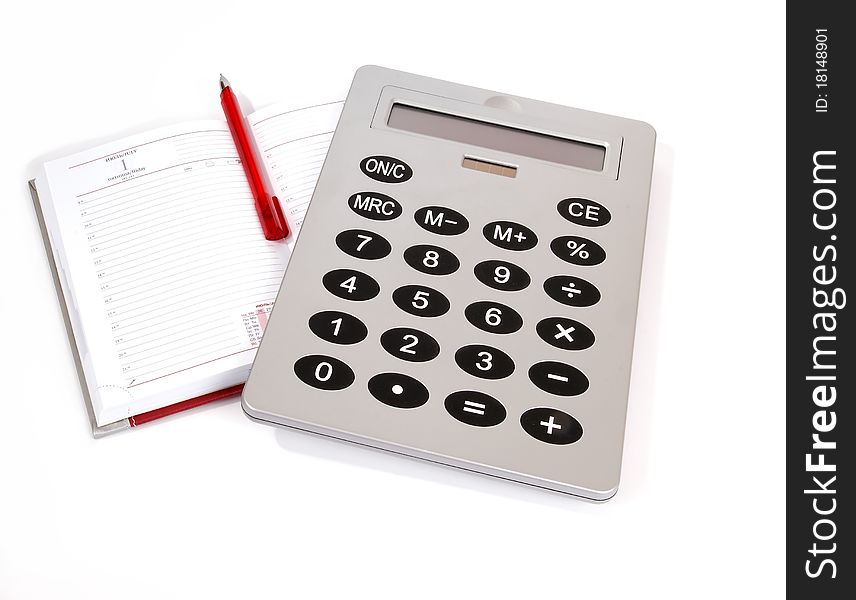 Great calculator and notebook for reference daily notes with a pen on a white background