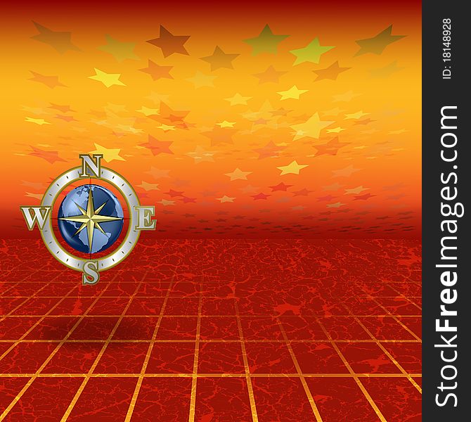 Abstract background compass on red landscape background. Abstract background compass on red landscape background