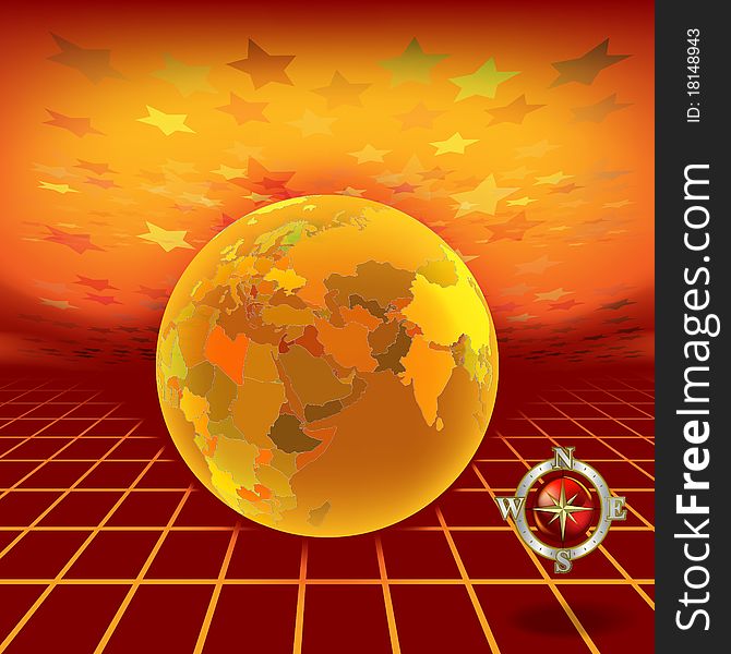 Abstract background with globe and compass on red landscape background. Abstract background with globe and compass on red landscape background