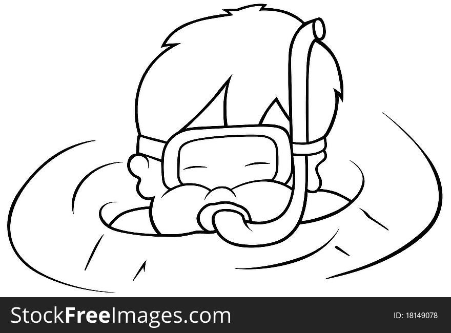 Boy and Diving - Black and White Cartoon illustration, Vector