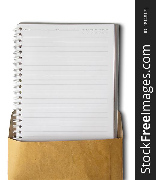 Notebook with lines in a brown envelope document on white background. Notebook with lines in a brown envelope document on white background