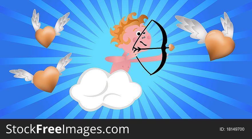 Cupid Shooting Hearts behind the clouds on abstract background