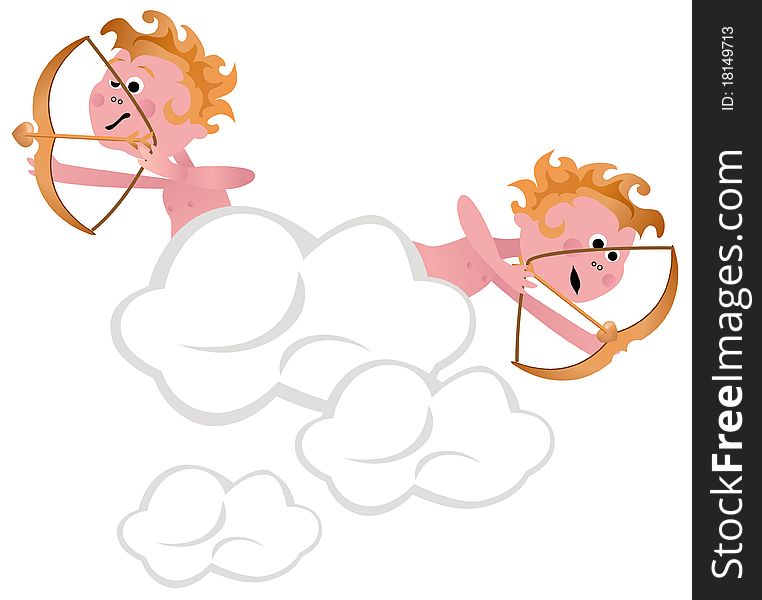 Cupids with Arrows on the clouds isolated on white background
