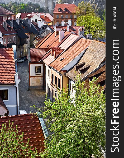 The top view on medieval street. Cesky Krumlov (German: Bohmisch Krummau). Southern Czechia. The top view on medieval street. Cesky Krumlov (German: Bohmisch Krummau). Southern Czechia