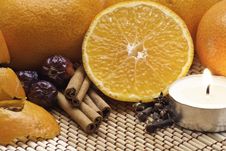 Oranges,cinnamon And Spices With Candle Stock Images Oranges,cinnamon And Spices With Candle Stock Images