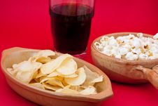 Tomato Chips, Pop Corn And Cola Royalty Free Stock Images