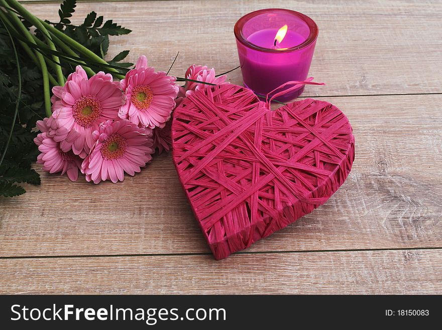Romantic table decoration with heart and candle. Romantic table decoration with heart and candle