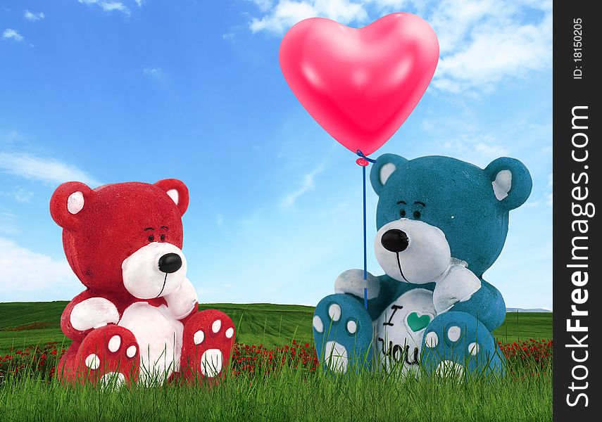 Love bears with gift heart balloon
