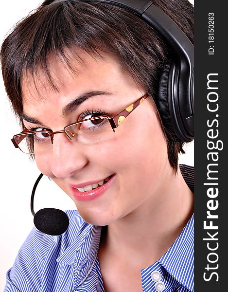 Call center woman with headset on white background. Call center woman with headset on white background