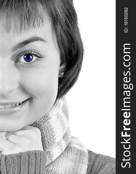 Smiling young woman on black-white with blue eye
