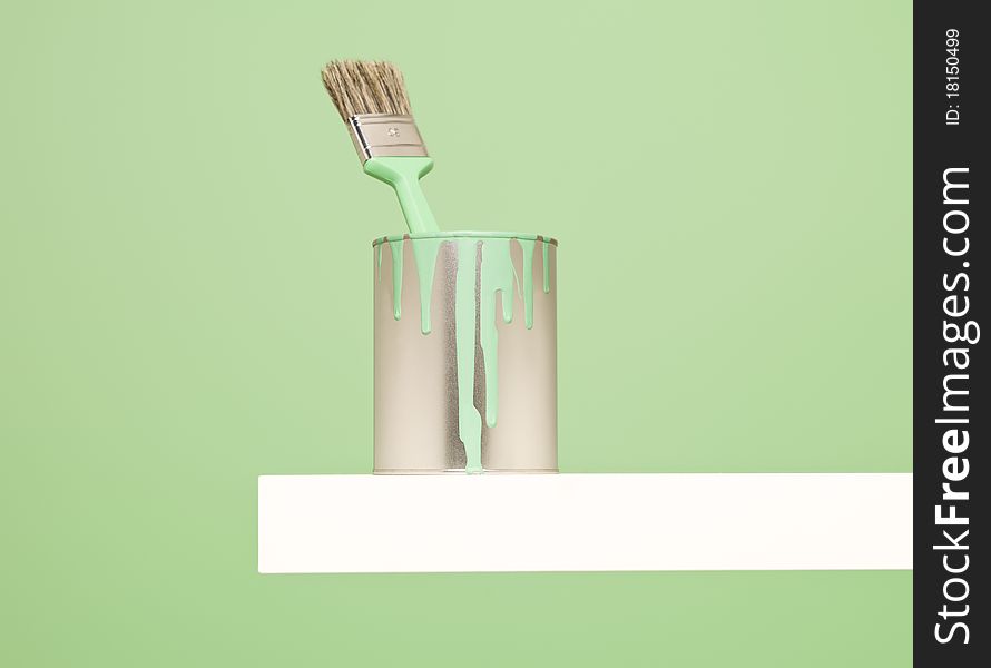 Paintcan and Paintbrush with spill on green background. Paintcan and Paintbrush with spill on green background