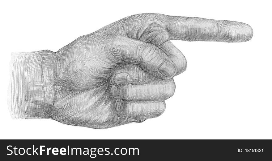 Illustration of a pencil pointing hands on a white background