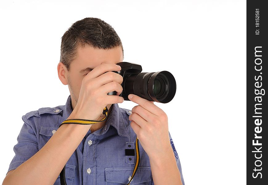 Professional male photographer taking picture . isolated on white background