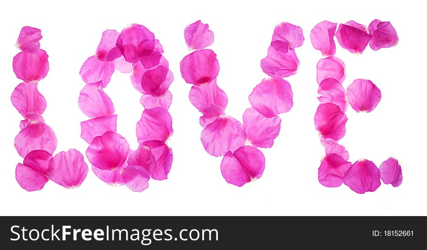 Word love formed from rose petals isolated on white background. Word love formed from rose petals isolated on white background